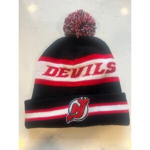 New Jersey Devils NHL Knit Beanie Pom Hat Black Red White Cuffed Winter Cap